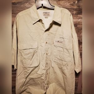 Hook & Tackle Shirt Men Large Tan Button Up The Grand Slam Fishing Outdoor Stain